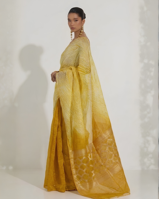 Aarshi | Japanese Dye Ochre Yellow Organza Banarasi Saree