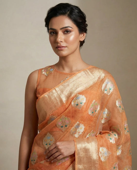 Sonchiraiya | Rust Boota Kota Zari Saree