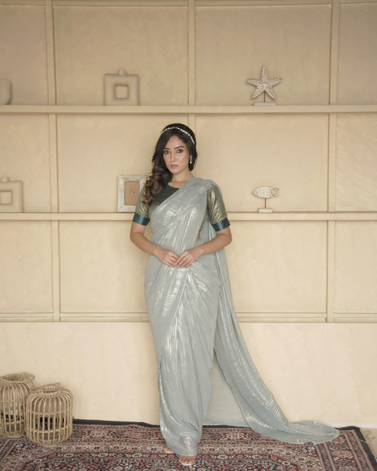 Mint Dusk | Crushed Tissue saree