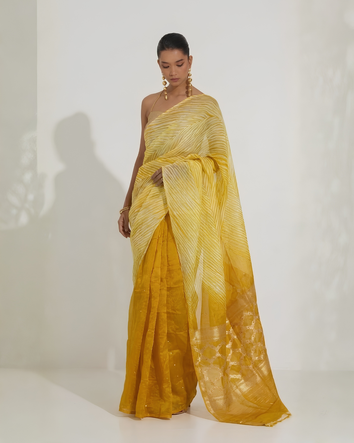 Aarshi | Japanese Dye Ochre Yellow Organza Banarasi Saree