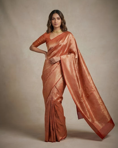 Jashn-e-warq | Rust Chanderi Brocade Saree