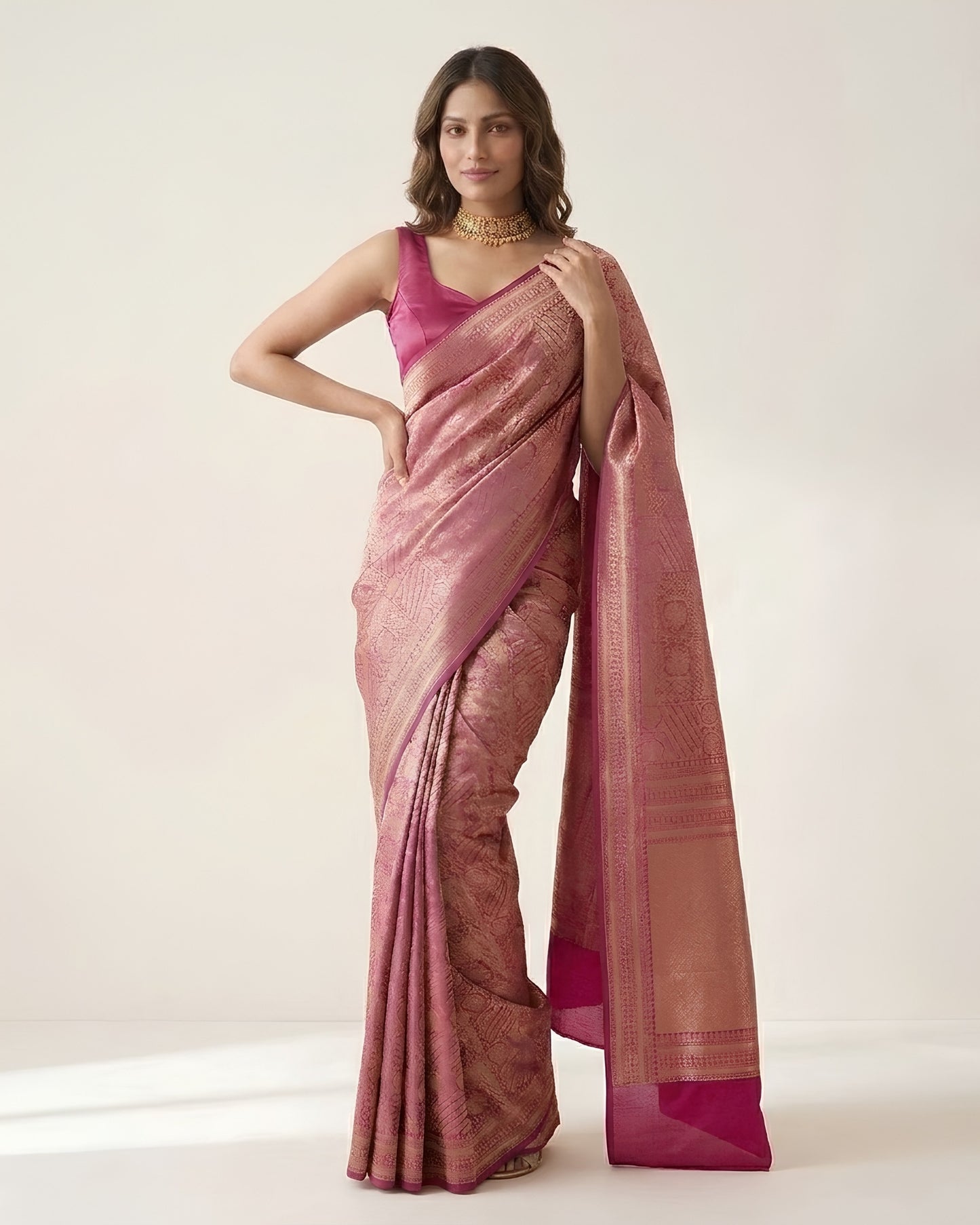 Jashn-e-warq | Magenta Chanderi Brocade Saree