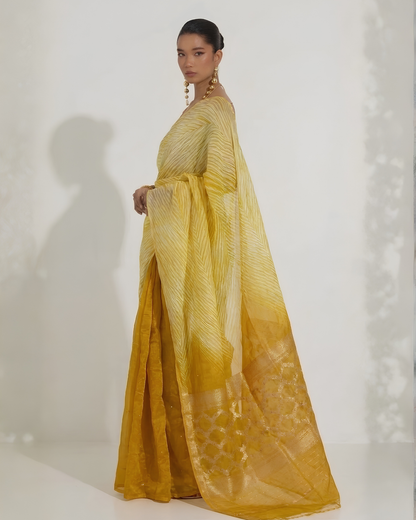 Aarshi | Japanese Dye Ochre Yellow Organza Banarasi Saree
