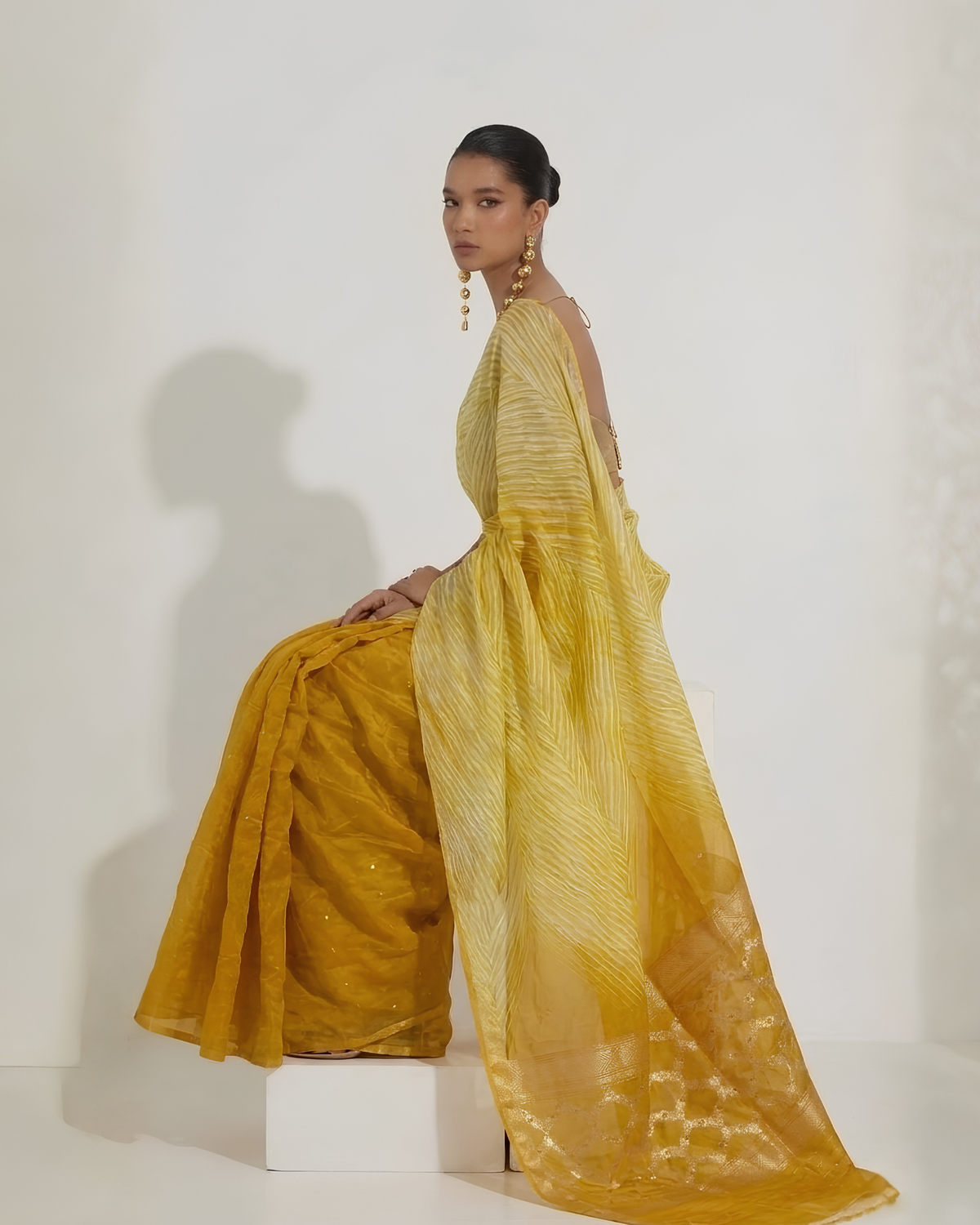 Aarshi | Japanese Dye Ochre Yellow Organza Banarasi Saree