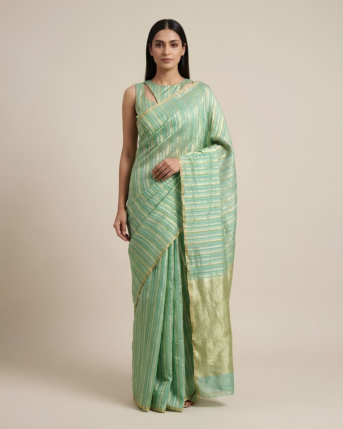 Cascade |Green Crushed Monga Rangkat Saree