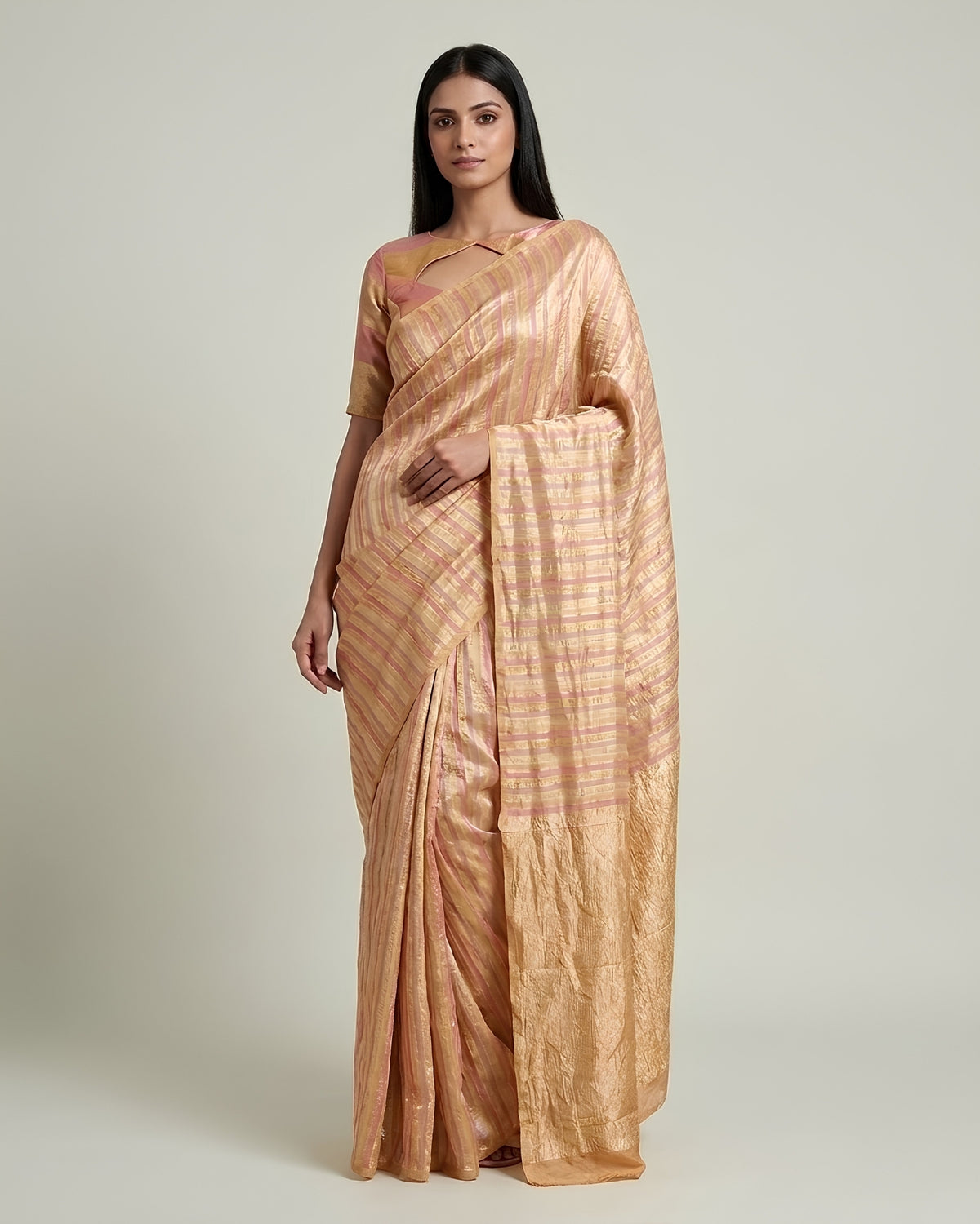 Cascade |Peach Crushed Monga Rangkat Saree