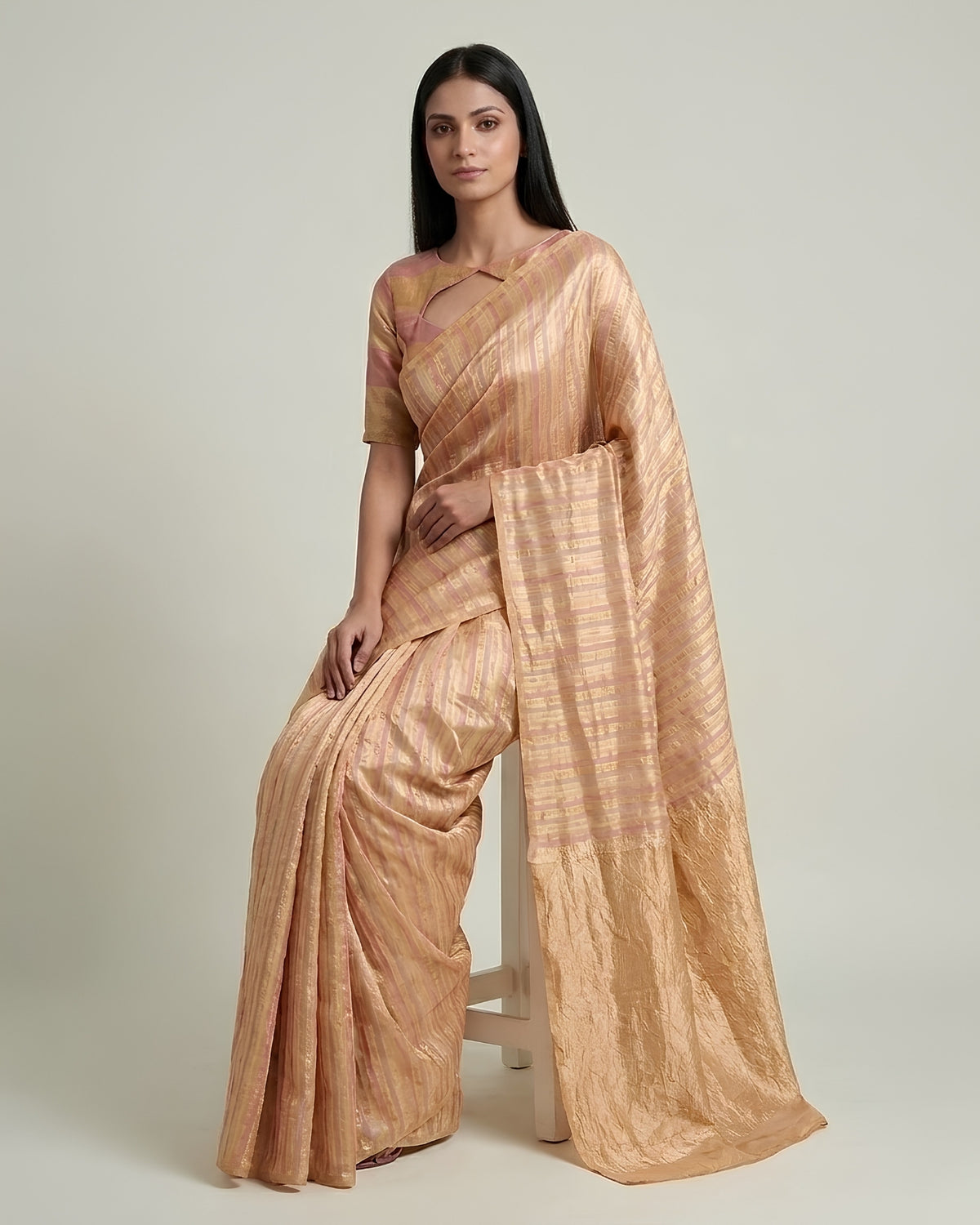 Cascade |Peach Crushed Monga Rangkat Saree