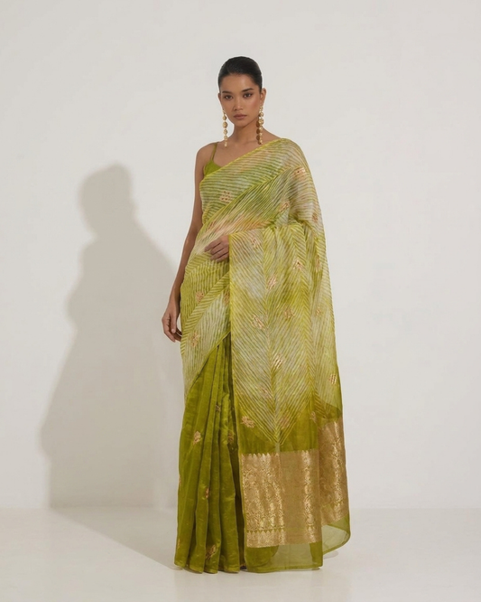 Aarshi | Japanese Dye Olive Organza Banarasi Saree