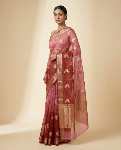 Sonchiraiya | Pink Ombre Bird Boota Jaal Kota Zari Saree