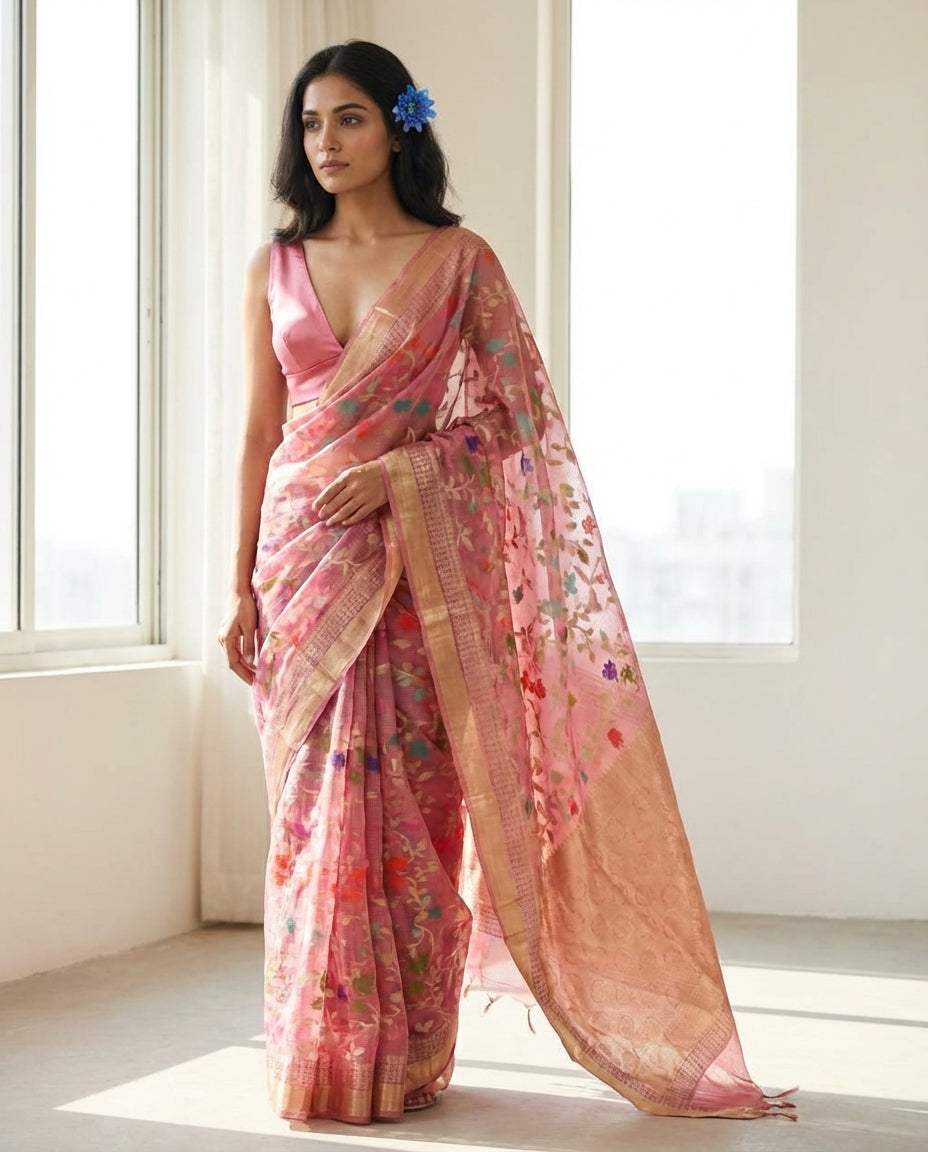 Sonchiraiya | Pink Meena Jaal Kota Zari Saree