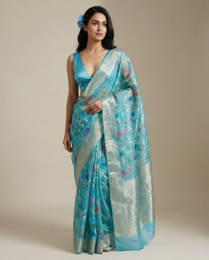 Sonchiraiya | Blue Meena Jaal Kota Zari Saree