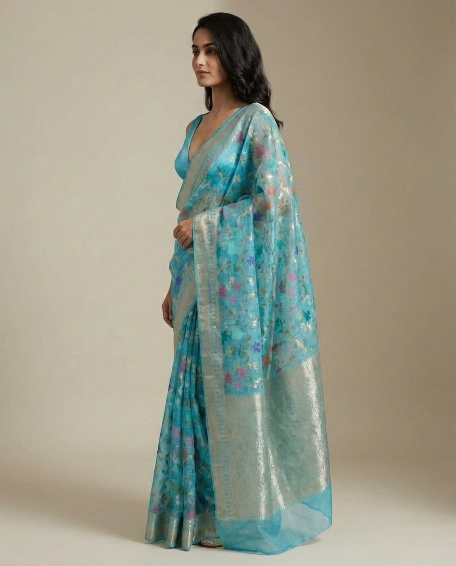 Sonchiraiya | Blue Meena Jaal Kota Zari Saree