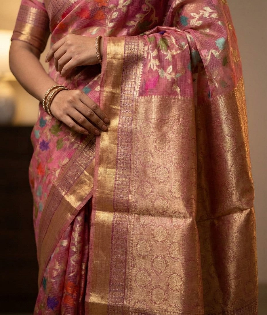 Sonchiraiya | Pink Meena Jaal Kota Zari Saree