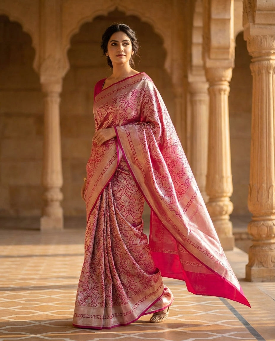 Jashn | Dark Pink Pure Katan silk Saree