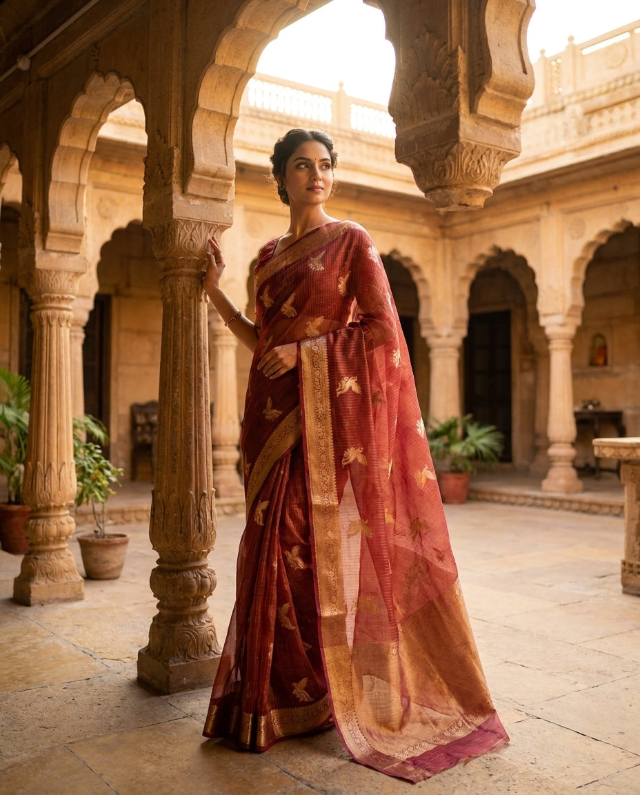 Sonchiraiya | Pink Ombre Bird Boota Jaal Kota Zari Saree